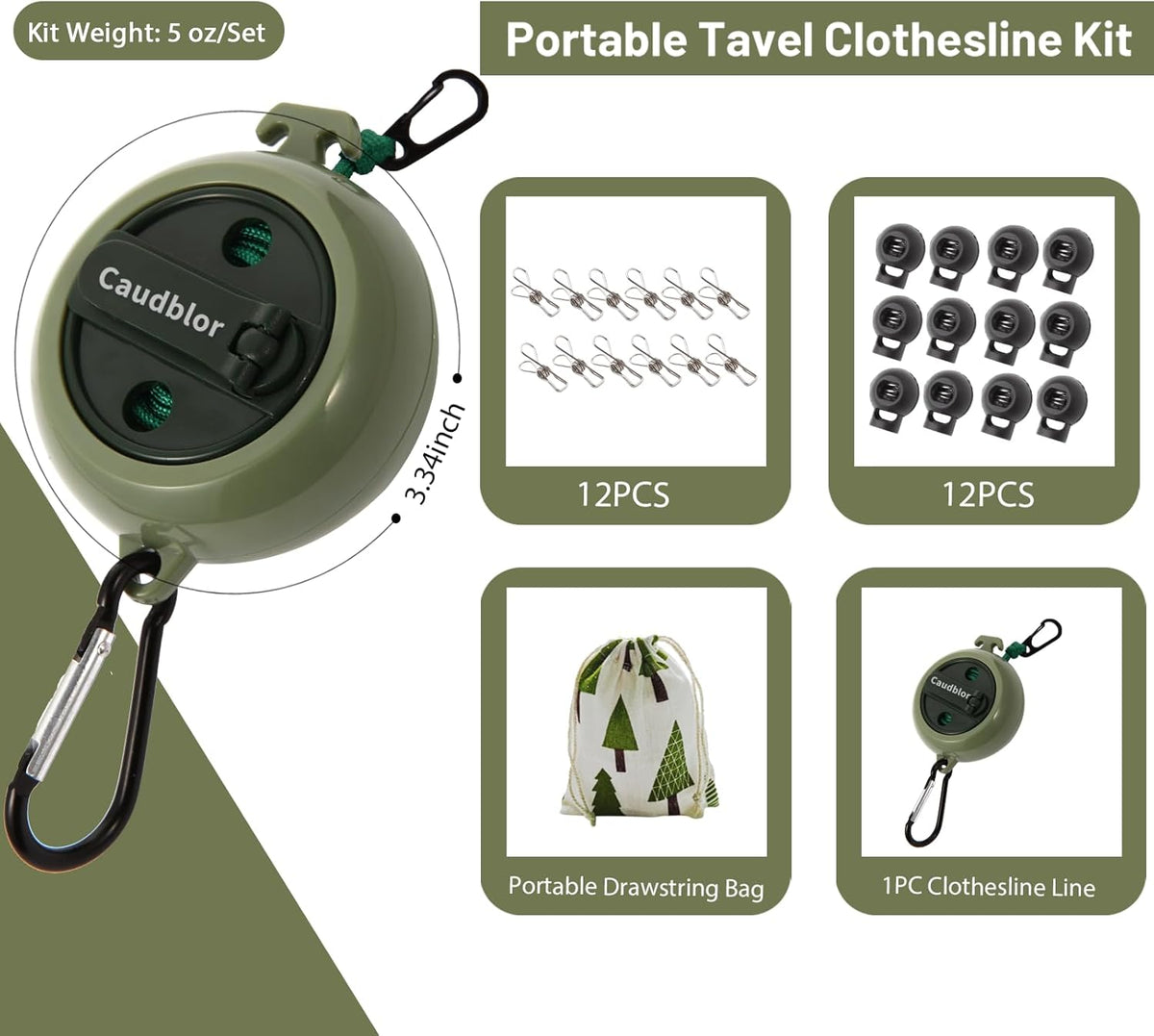 Portable Travel Clothesline, 33ft Camping Clothes line with Clothespins