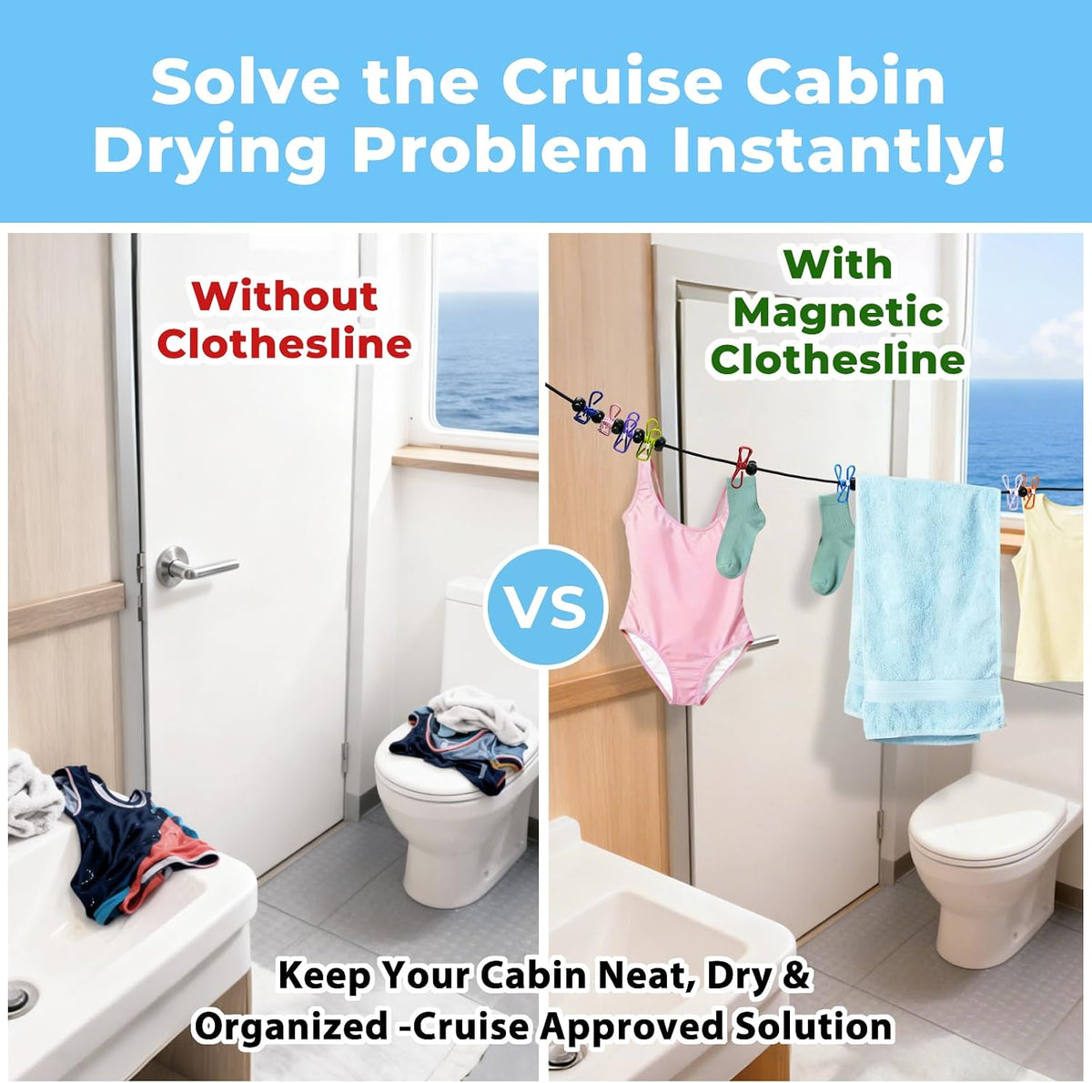 Magnetic Travel Clothesline - Cruise Ship Essentials & Must Haves 2026 - Stretches to 12ft Retractable Laundry Drying Line with Non-Scratch Magnetic Hooks, Positioning Beads & 12 Anti-Slip Clips