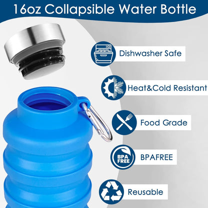 4 Pack Collapsible Water Bottles, 16oz Portable Reusable Silicone Water Bottle, Foldable Water Bottles for Travel Gym Camping Hiking, Leak Proof Sports Water Bottle with Carabiner (Deep Color)