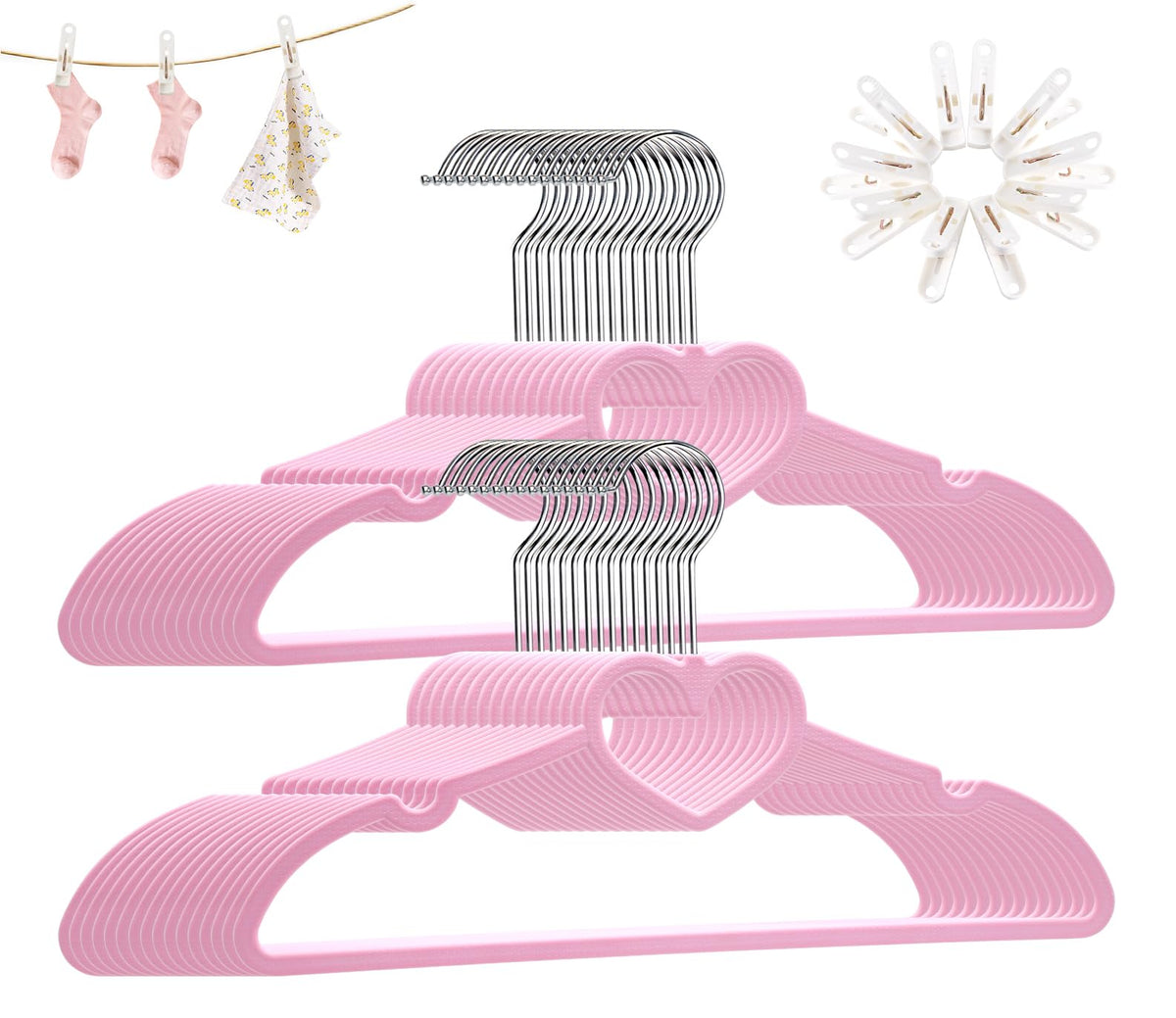 Plastic Hangers 50 Pack, Cute Clothes Hanger Ultra Thin Space Saving - Pink Clothes Hangers with 360 Degree Swivel Hook & Travel Clothesline - Sturdy Adult Coat Hangers for Dress, Shirts, Coats