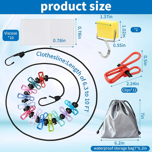 Magnetic Cruise Travel Clothes Line with 12 Clothes Clips & Waterproof Bag