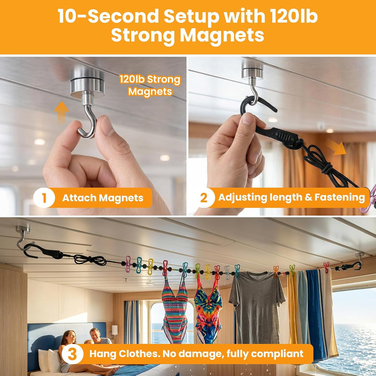 No-Sag Cruise Clothesline,Cruise Essential 2026,6PCS Magnetic Hooks 32/20mm