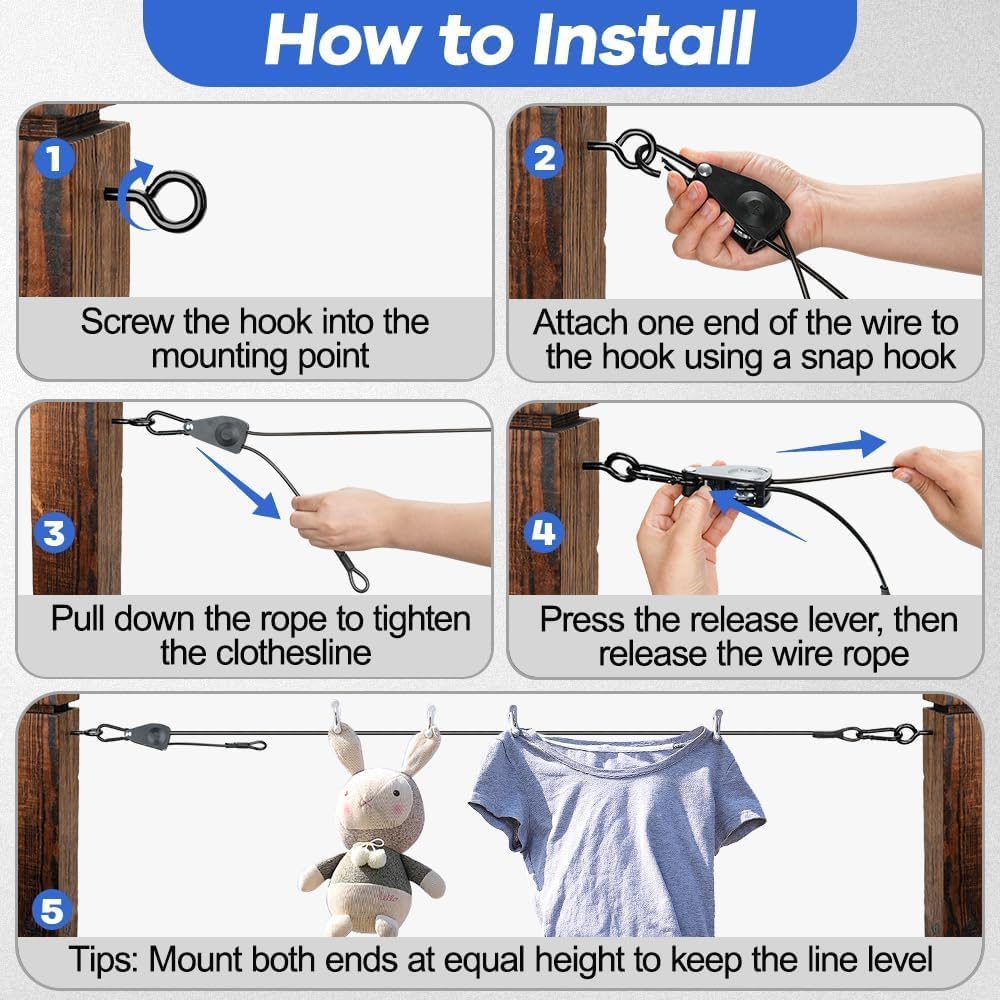TooTaci Outdoor Clothesline Kit with Self-Locking Pulley, 45FT 3/16" Cable