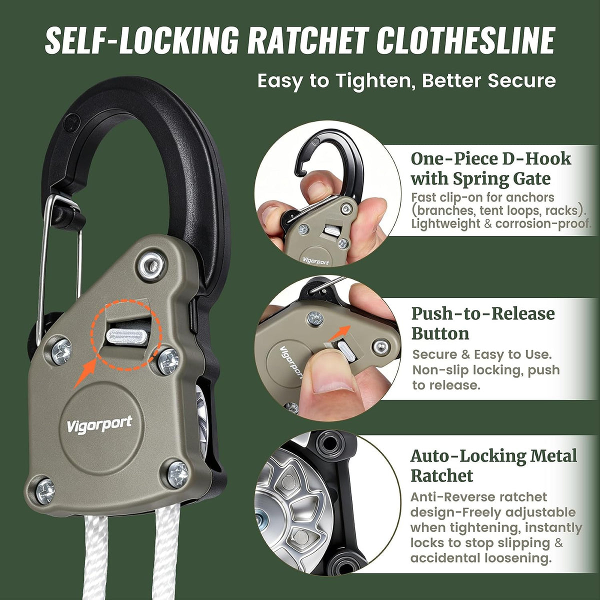 Vigorport Retractable Clothes Line Outdoors with Rope Self-Locking Pulley