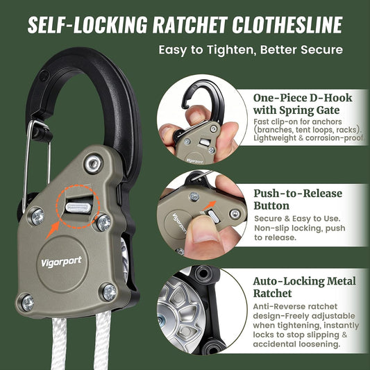 Vigorport Retractable Clothes Line Outdoors with Rope Self-Locking Pulley
