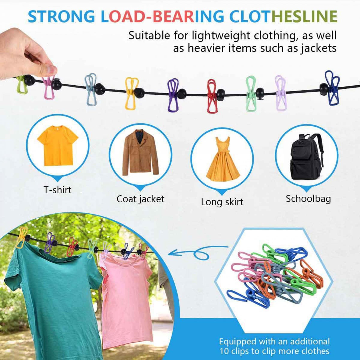 SenseYo 2 Set Retractable Portable Clothesline for Travel with 44 Clothespins, Camping Clothes line for Indoor Outdoor Balcony Hotel Room Laundry Drying