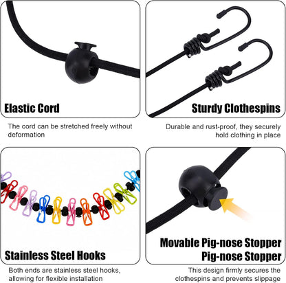 Travel Clothesline for Cruise Ship, Stretchable Clothes Line with 2 Magnetic Hooks & 12 Clothes Clips & Storage Bag Portable Laundry Line for Hotel Camping RV Outdoor Indoor Laundry Drying