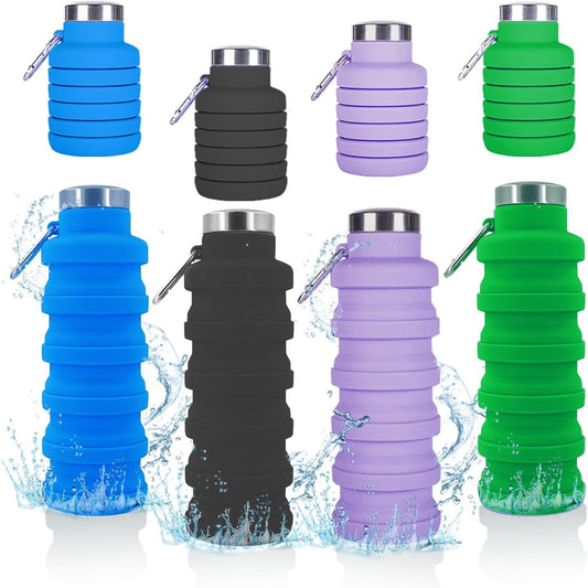 Collapsible Water Bottle,4 Pcs BPA Free Reuseable Silicone Foldable Leakproof 16oz Water Bottles,Portable Lightweight Water Bottles Carabiner for Travel Gym Camping,Hiking Sports