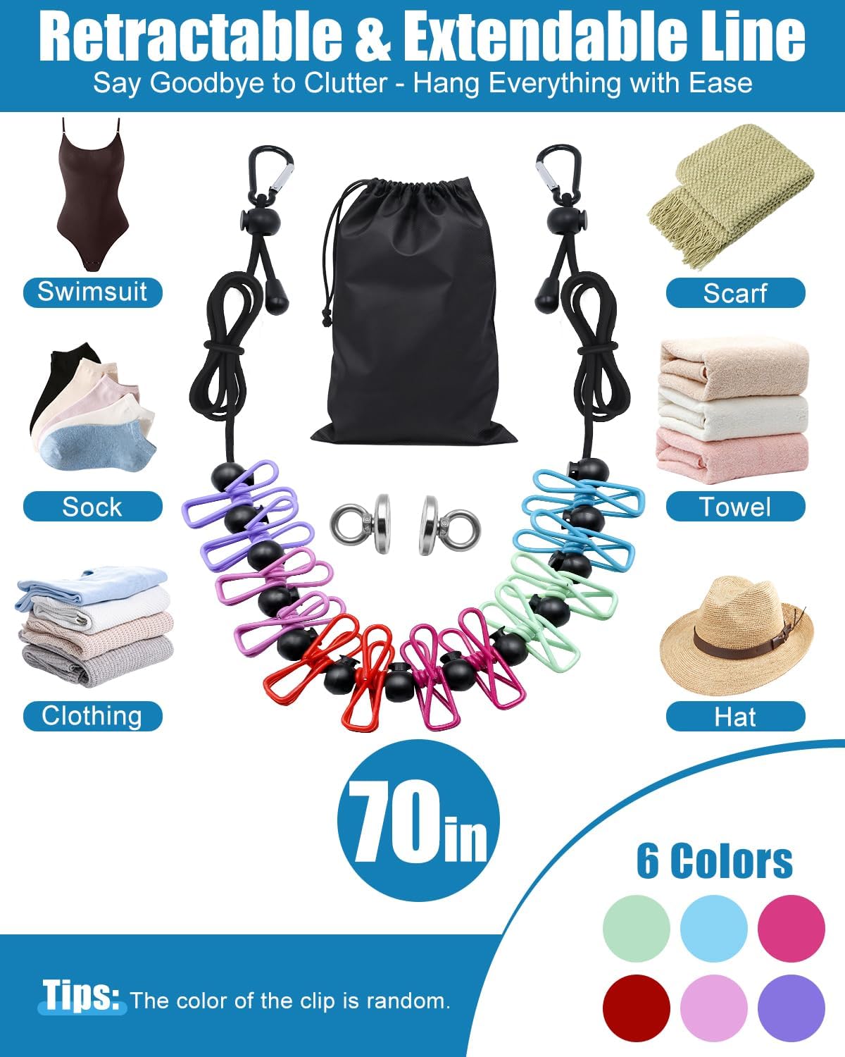 Magnetic Retractable Clothesline for Cruise Ship, 2026 Travel Clothesline with 12 Anti-Slip Clips & Waterproof Storage Bag, Portable Travel Laundry Line, Cruise Essentials for Cabin, Camping, RV
