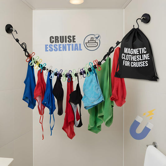 Magnetic Clothesline for Cruise Staterooms – Cabin Approved Travel Clothes Line with Non-Scratch Magnets – Portable Laundry Drying Rope, Cruise Accessories and Essentials
