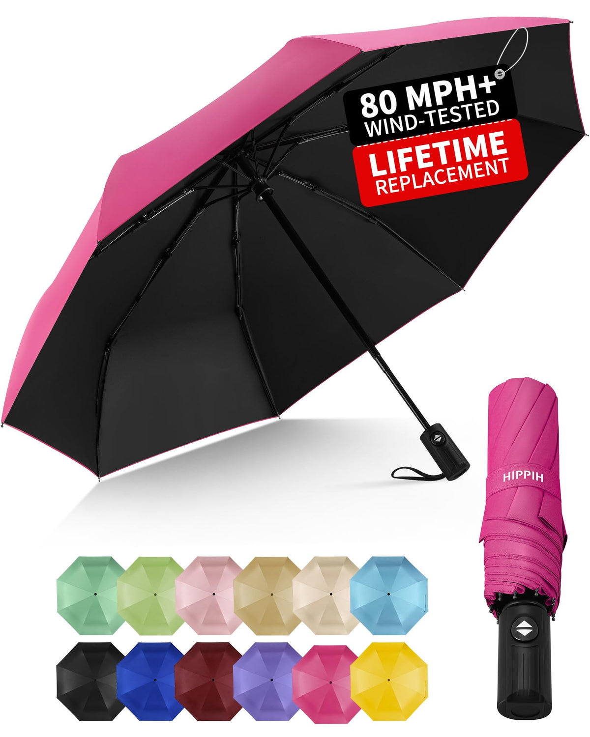 HIPPIH Compact Travel Umbrella for Rain - Windproof Automatic Umbrellas, UV Umbrella for Sun Protection with Black Anti-UV Coating, Portable Small Umbrellas for Backpack, Car, Walking, Kids, Women