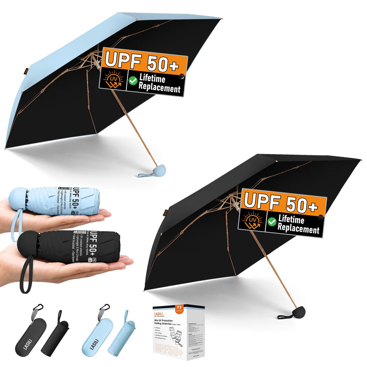 F3 MINI Travel Umbrella with UV Protection, Sun & Rain, 39" Arc