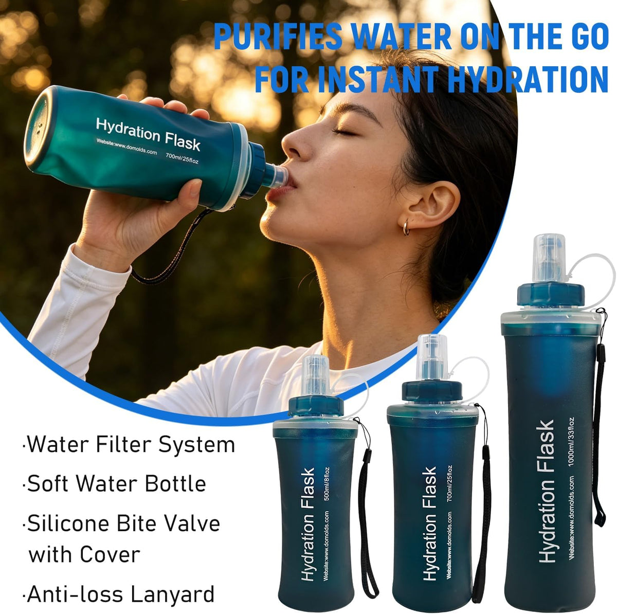 1L Collapsible Water Bottle with Filter for Hiking Backpacking(Green)