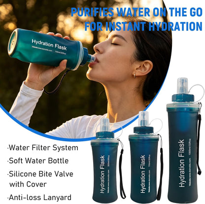 1L Collapsible Water Bottle with Filter for Hiking Backpacking(Green)