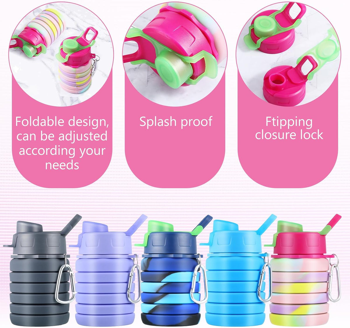 5 Pcs Collapsibles Water Bottles, 16 oz Portable Water Bottle with