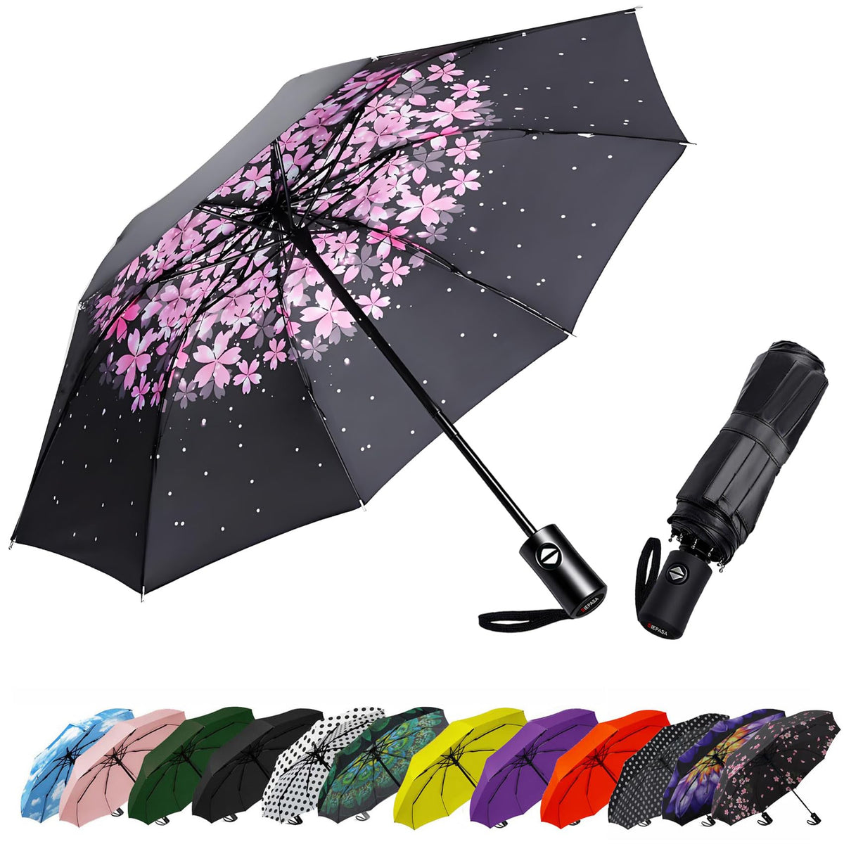 SIEPASA Compact Travel Umbrella - Windproof Auto Open/Close, Small Folding Umbrella for Rain - Lightweight & Durable with Fiberglass Frame, Waterproof Canopy - Fits Backpack, Purse, Suitcase. (Black)