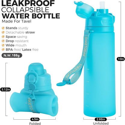 TakeToday Collapsible Water Bottles 21oz (600mL), Foldable Platinum Silicone Travel Water Bottle with Straw & Carry Strap, Leak-Resistant Screw Lid, Wide Mouth, BPA-Free for Hiking, Camping, Travel
