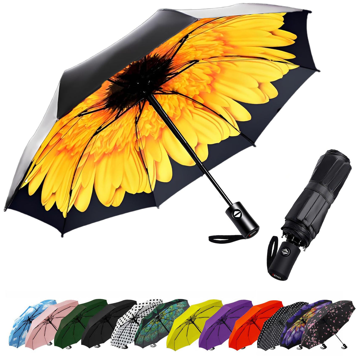 SIEPASA Compact Travel Umbrella - Windproof Auto Open/Close, Small Folding Umbrella for Rain - Lightweight & Durable with Fiberglass Frame, Waterproof Canopy - Fits Backpack, Purse, Suitcase. (Black)