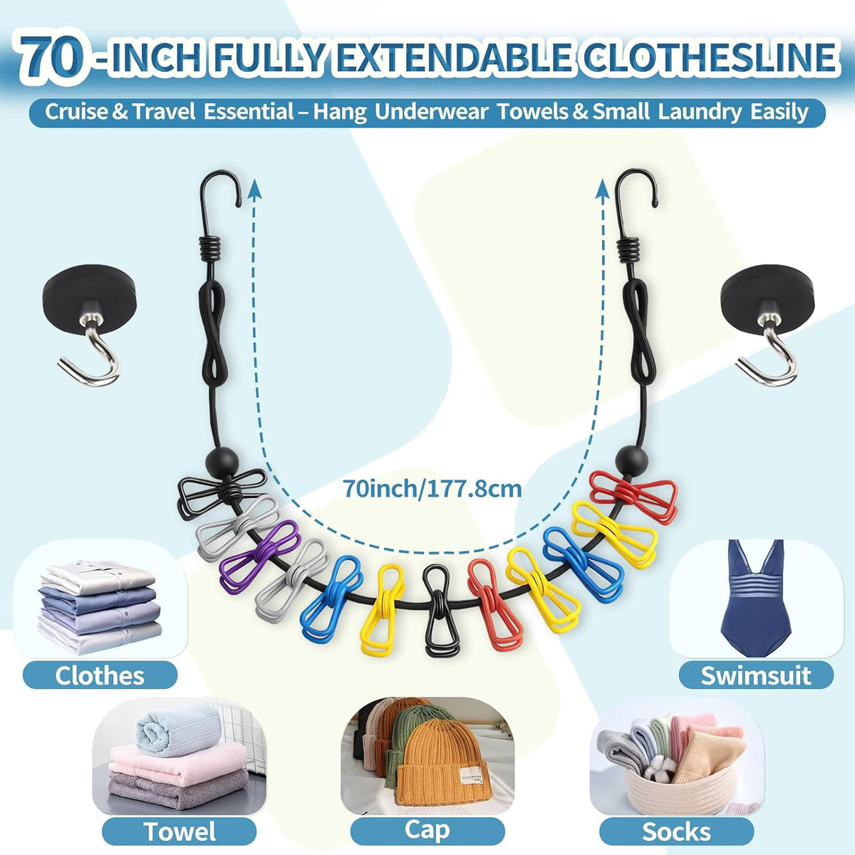 Magnetic Clothes Line for Cruise Ship, Upgraded Magnetic Travel Clothesline Essential, 2Pack Super Rubber Non-Scratch Magnets, Portable Clothesline for Cruise Ships Cabin, Hotel, RV and Camping