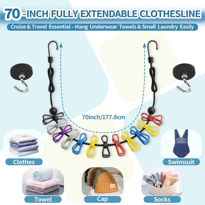 Magnetic Clothes Line for Cruise Ship, Upgraded Magnetic Travel Clothesline Essential, 2Pack Super Rubber Non-Scratch Magnets, Portable Clothesline for Cruise Ships Cabin, Hotel, RV and Camping