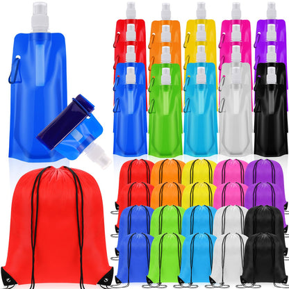 80 Pcs 16 oz Collapsible Water Bottles Bulk and Drawstring Backpack Set