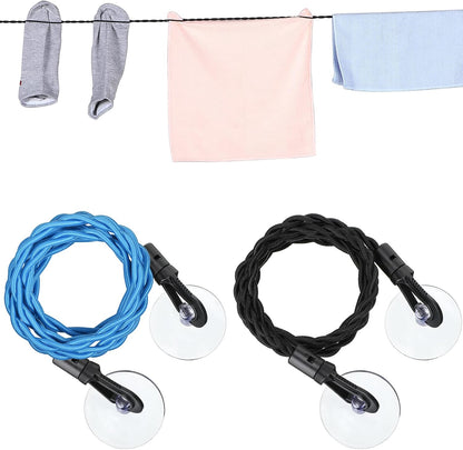 Boao 2 Pieces Travel Clothesline with Hooks and Suction Cups, Black, Blue