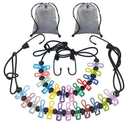 Travel Clothesline Retractable Portable Clothesline with 12 Clips Portable Elastic Camping Clothes Line with Anti-Slip Beads & Stainless Hooks for Hotel, RV, Boat, Outdoor Use (2 Pack)