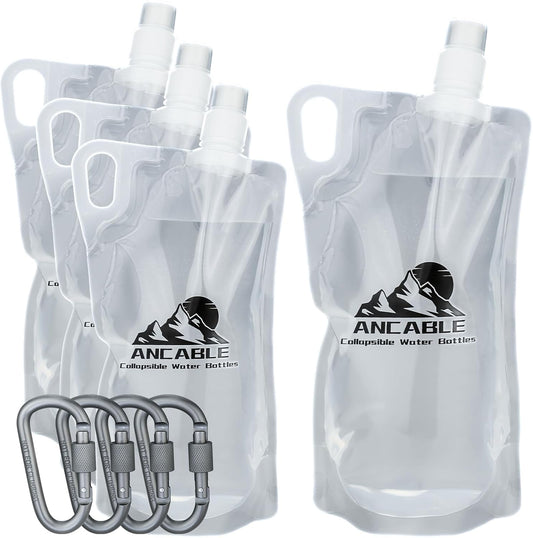 Ancable 1L Hiking Collapsible Water Bottles, 4-Pack 33OZ BPA-Free Foldable Backpacking Water Bottle for Travel Camping Hiking