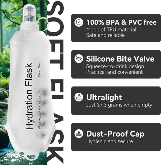 2 Pack 500ml Soft Flask, Shrink As You Drink Collapsible Water Bottles for Running Vest & Hydration Pack, BPA-Free Leak-Proof TPU Folding Bottle for Hiking Cycling Climbing Jogging-White
