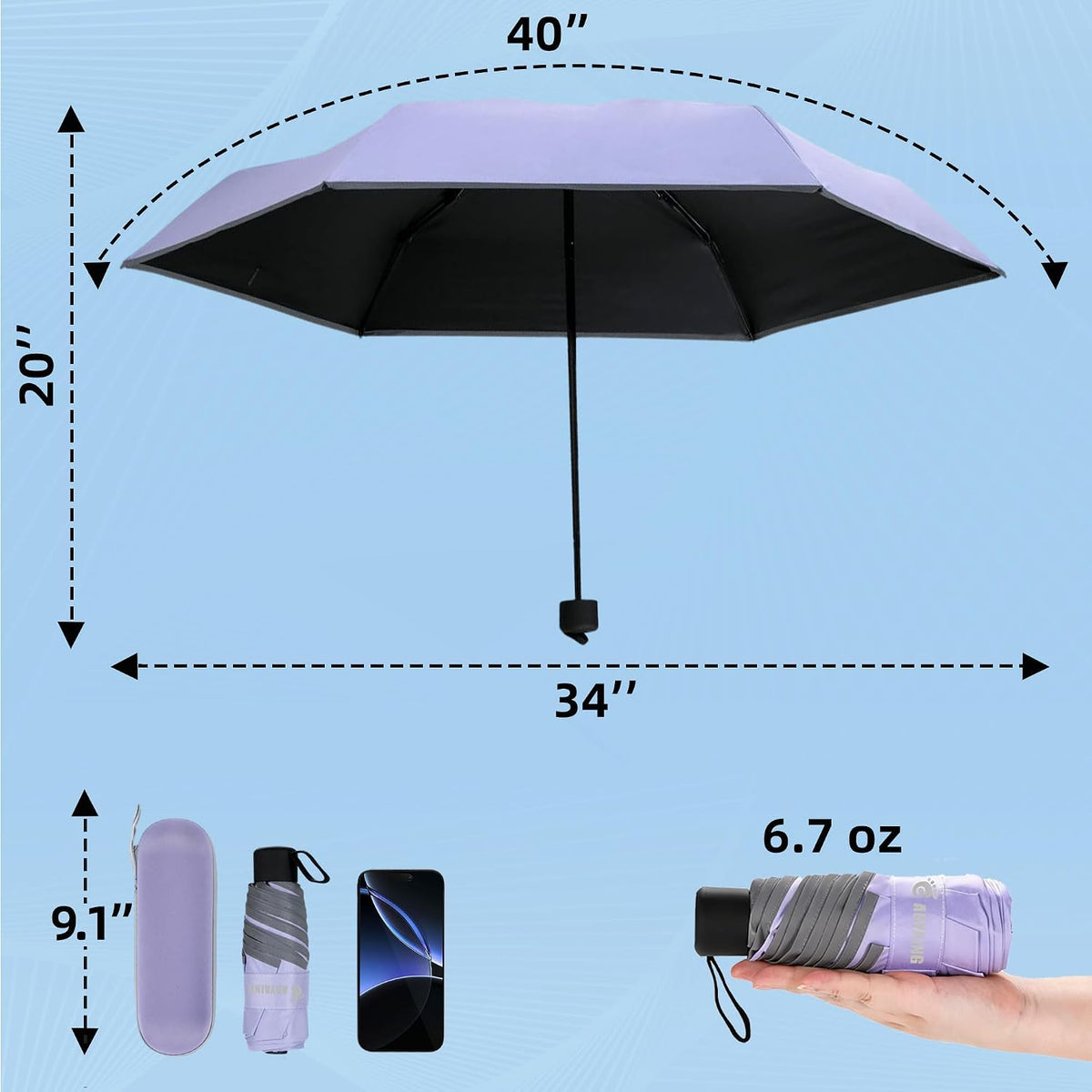 GAOYAING Compact Travel Umbrella with Reflective Safety Strips (300ft Visibility) - Ultra Portable 6.9" Folded Windproof Rain & Sun Umbrella UPF 50+ for Men Women