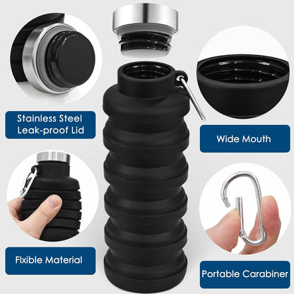 4 Pack Collapsible Water Bottles, 16oz Portable Reusable Silicone Water Bottle, Foldable Water Bottles for Travel Gym Camping Hiking, Leak Proof Sports Water Bottle with Carabiner (Deep Color)