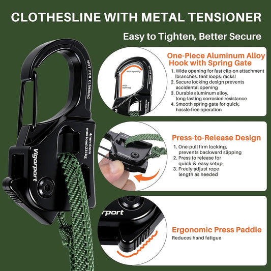 Vigorport Travel Clothesline with Metal Tensioner & Clips for Camping RV