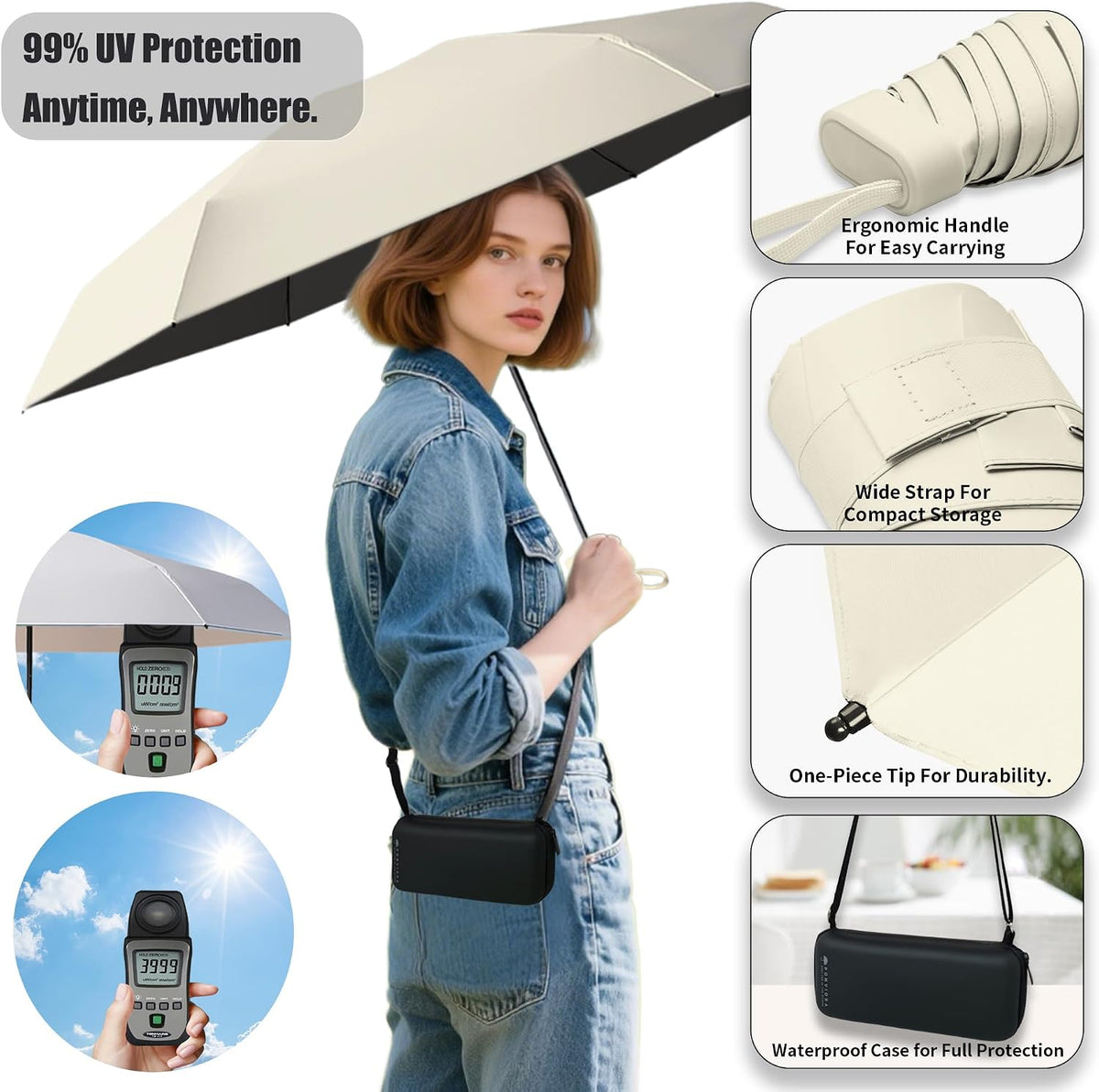Mini Umbrella for Travel Compact Folding Windproof, Lightweight Pocket Size for Backpack/Purse - UPF 50+ Sun & Rain Protection with Case & Adjustable Shoulder Straps- Manual Open for Women, Men, Kids