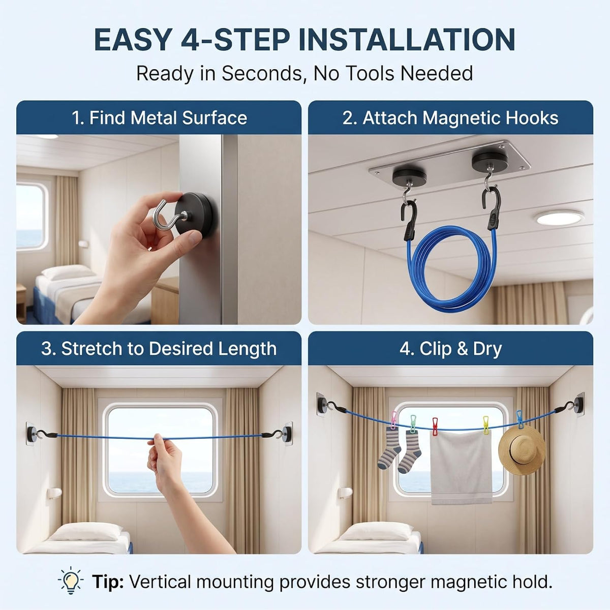 Magnetic Clothesline for Cruise Ships, Adjustable Length