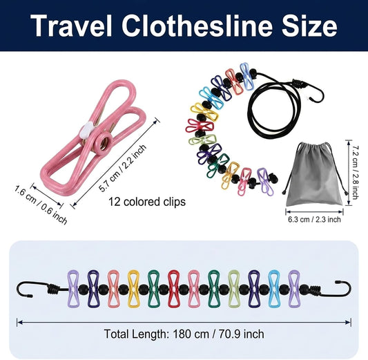 2 Pcs Travel Clothesline - Portable Retractable Clothesline Outdoor with 12 clothespins, Festival Camping Essentials with Anchor Hooks - Colorful Elastic Cord