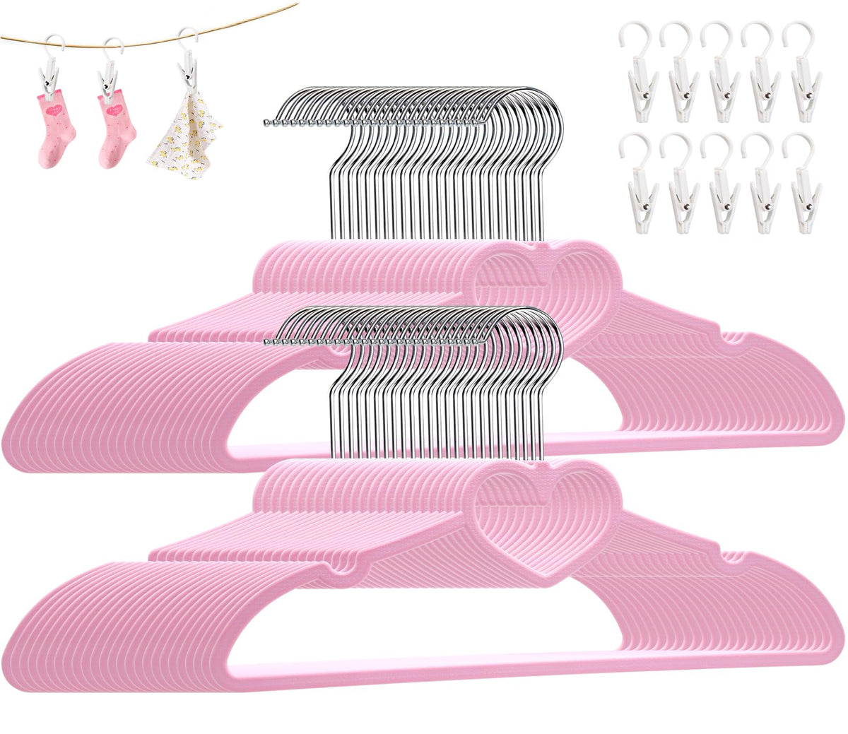 Plastic Hangers 50 Pack, Cute Clothes Hanger Ultra Thin Space Saving - Pink Clothes Hangers with 360 Degree Swivel Hook & Travel Clothesline - Sturdy Adult Coat Hangers for Dress, Shirts, Coats