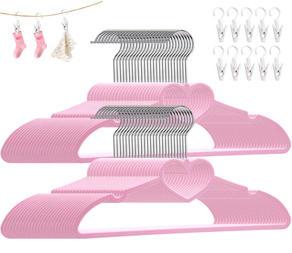Plastic Hangers 50 Pack, Cute Clothes Hanger Ultra Thin Space Saving - Pink Clothes Hangers with 360 Degree Swivel Hook & Travel Clothesline - Sturdy Adult Coat Hangers for Dress, Shirts, Coats