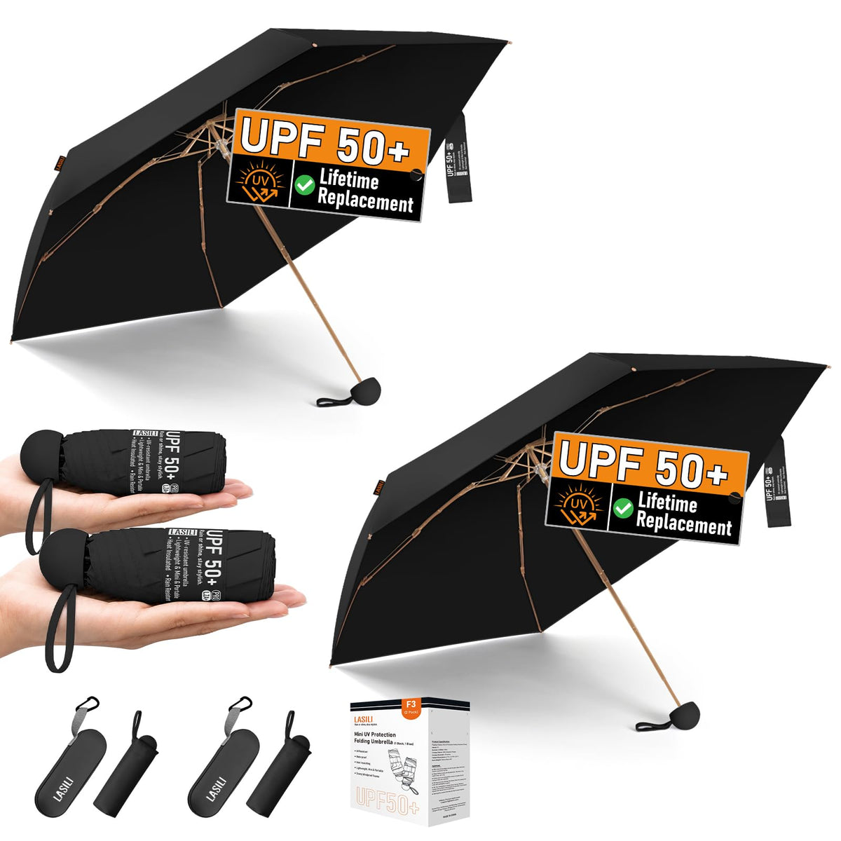 F3 MINI Travel Umbrella with UV Protection, Sun & Rain, 39" Arc