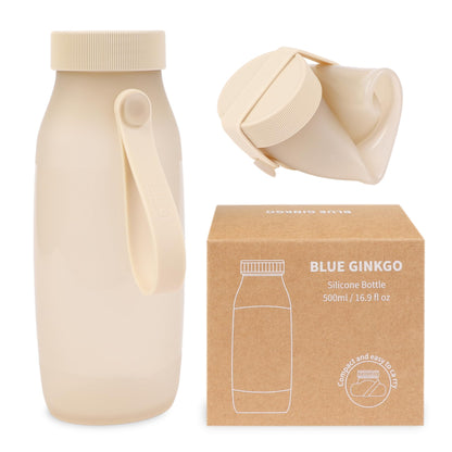 BLUE GINKGO Collapsible Water Bottle – Lightweight, Foldable Silicone Bottle for Travel, Hiking, and Camping (16.9oz, Made in Korea, Sand Beige)