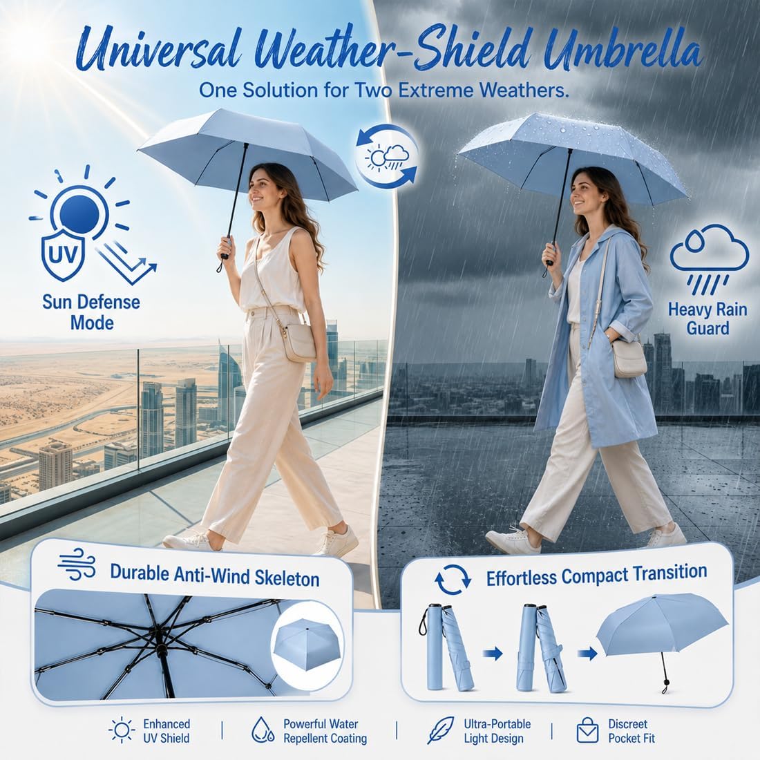 Pencil Umbrella from Japan, 103g Mini Japan Pencil Umbrellas with UPF 50+ Sun, Ultra-Lightweight Compact All-Weather Umbrella for Rain, Backpack, Handbag, Commute, Beach, Hiking, Outdoor Use