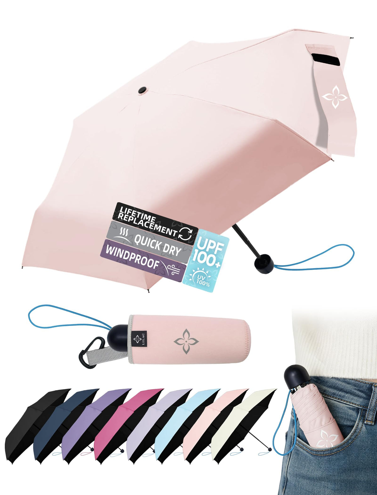 Mini Travel Umbrella for Rain - 43" Large Coverage Small Compact Umbrella, Reinforced Strong Frame, Lightweight Portable Parasol with UPF 100+ UV Protection, Gifts for Adults, Seniors & Students