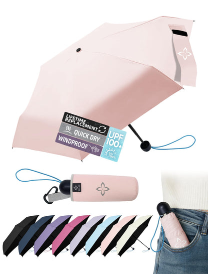 Mini Travel Umbrella for Rain - 43" Large Coverage Small Compact Umbrella, Reinforced Strong Frame, Lightweight Portable Parasol with UPF 100+ UV Protection, Gifts for Adults, Seniors & Students