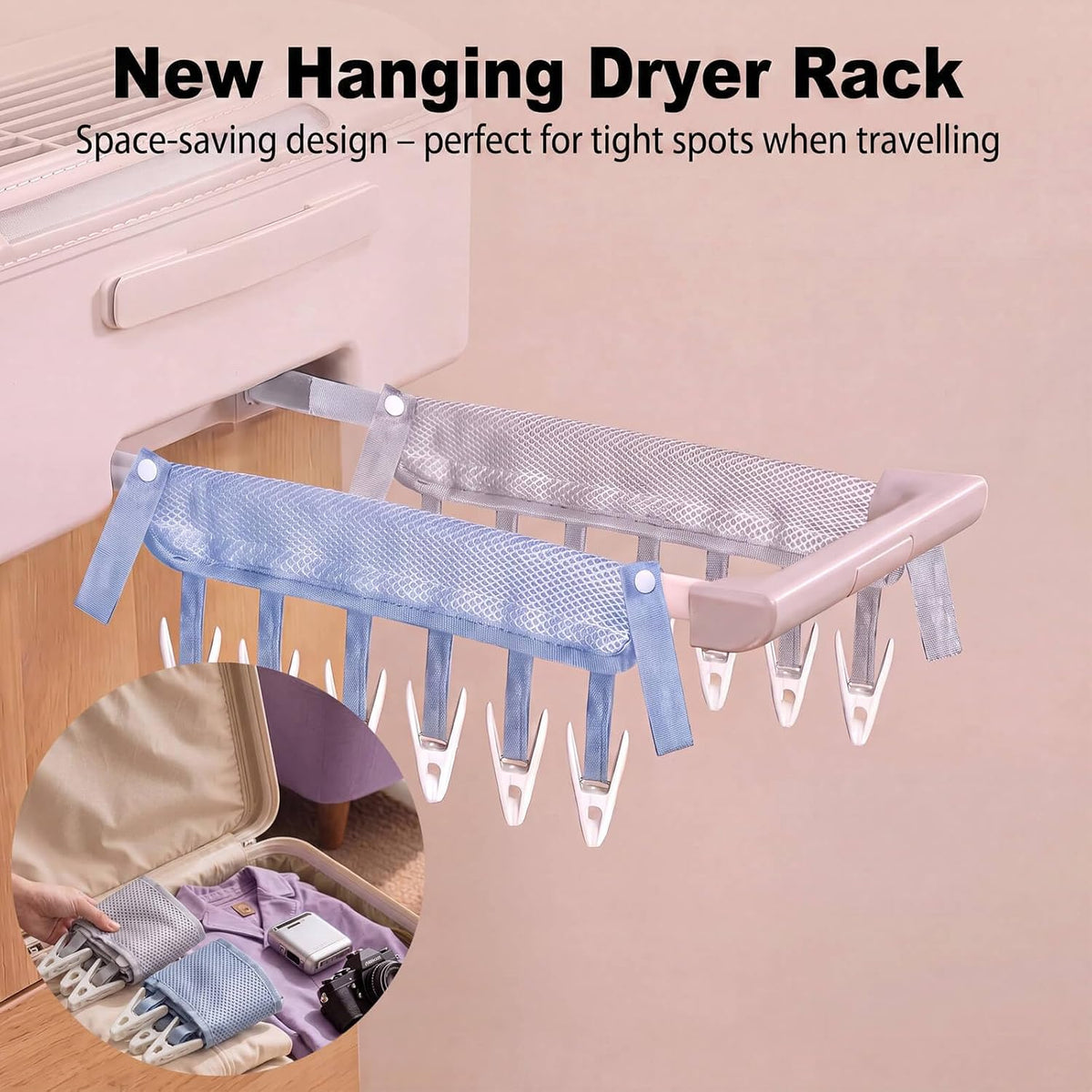 Travel Clothes Drying Hanger for Heated Clothes Airer & Clothes Drying Rack Clothesline, Foldable Portable Mesh Drying Rack with 6 Clips for Sock Underwear Bra Towel Home Cruise Outdoor 2 Pack