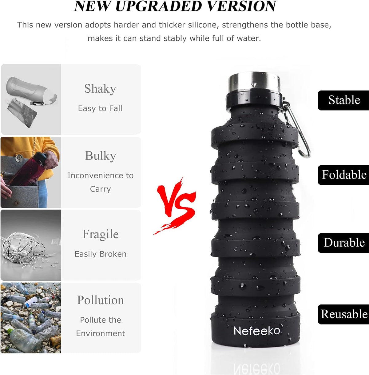 Nefeeko Collapsible Water Bottle, Reuseable BPA Free Silicone Water Bottles
