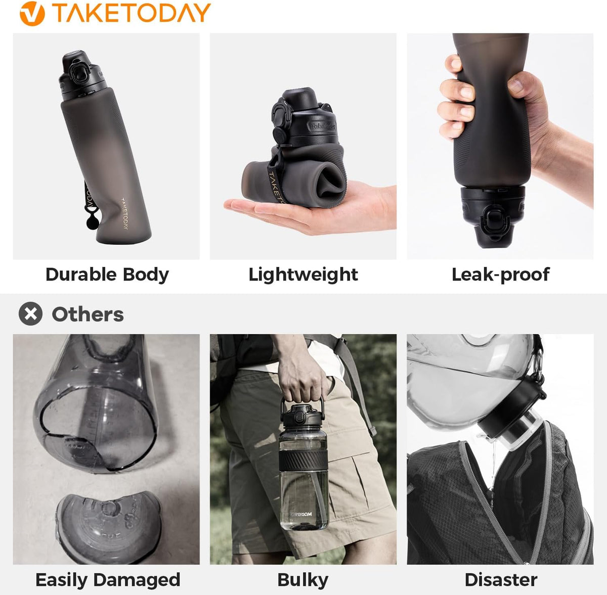 TakeToday Collapsible Water Bottles, Foldable for Travel, 32oz, Black