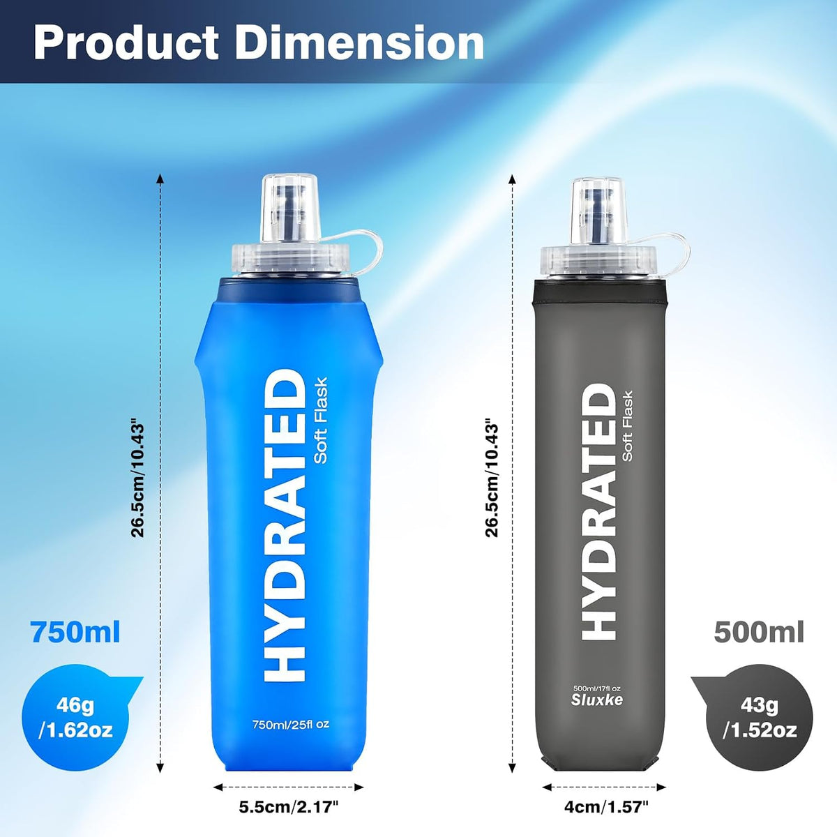 SLUXKE 3 Pack Soft Water Bottle, 25oz/750ml Flask Running Bottles for Hydration Packs, TPU Collapsible Reusable Handheld Flasks for Hiking Cycling Climbing