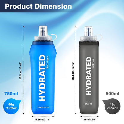 SLUXKE 3 Pack Soft Water Bottle, 25oz/750ml Flask Running Bottles for Hydration Packs, TPU Collapsible Reusable Handheld Flasks for Hiking Cycling Climbing