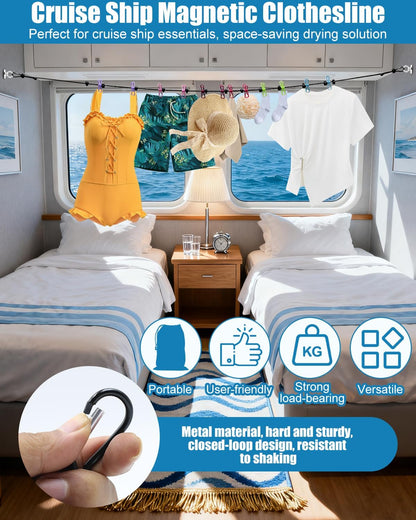 Magnetic Retractable Clothesline for Cruise Ship, 2026 Travel Clothesline with 12 Anti-Slip Clips & Waterproof Storage Bag, Portable Travel Laundry Line, Cruise Essentials for Cabin, Camping, RV