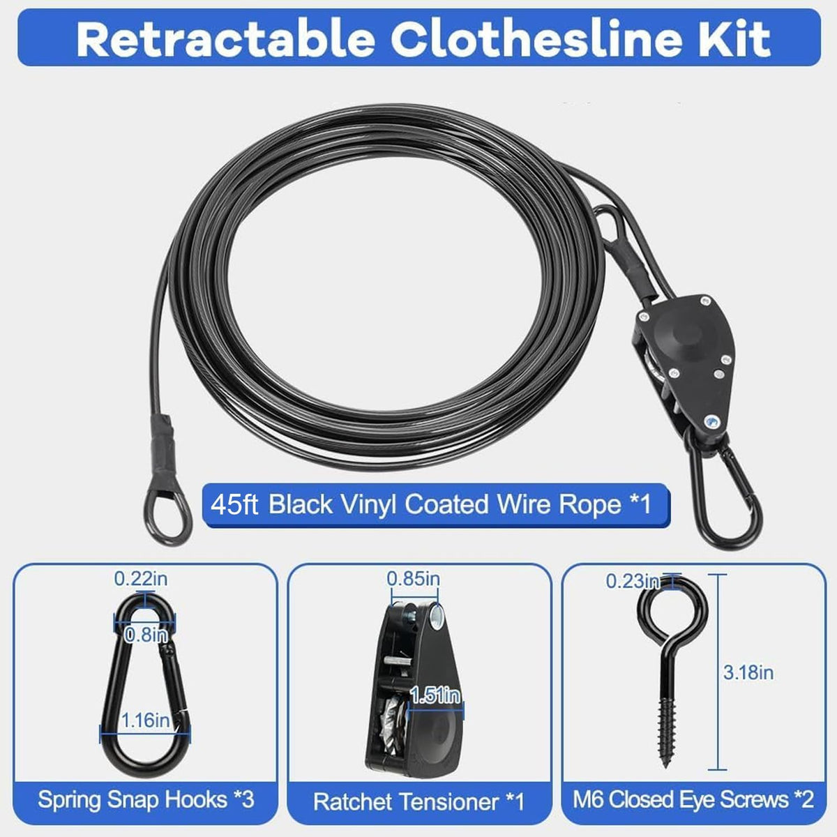 TooTaci Outdoor Clothesline Kit with Self-Locking Pulley, 45FT 3/16" Cable
