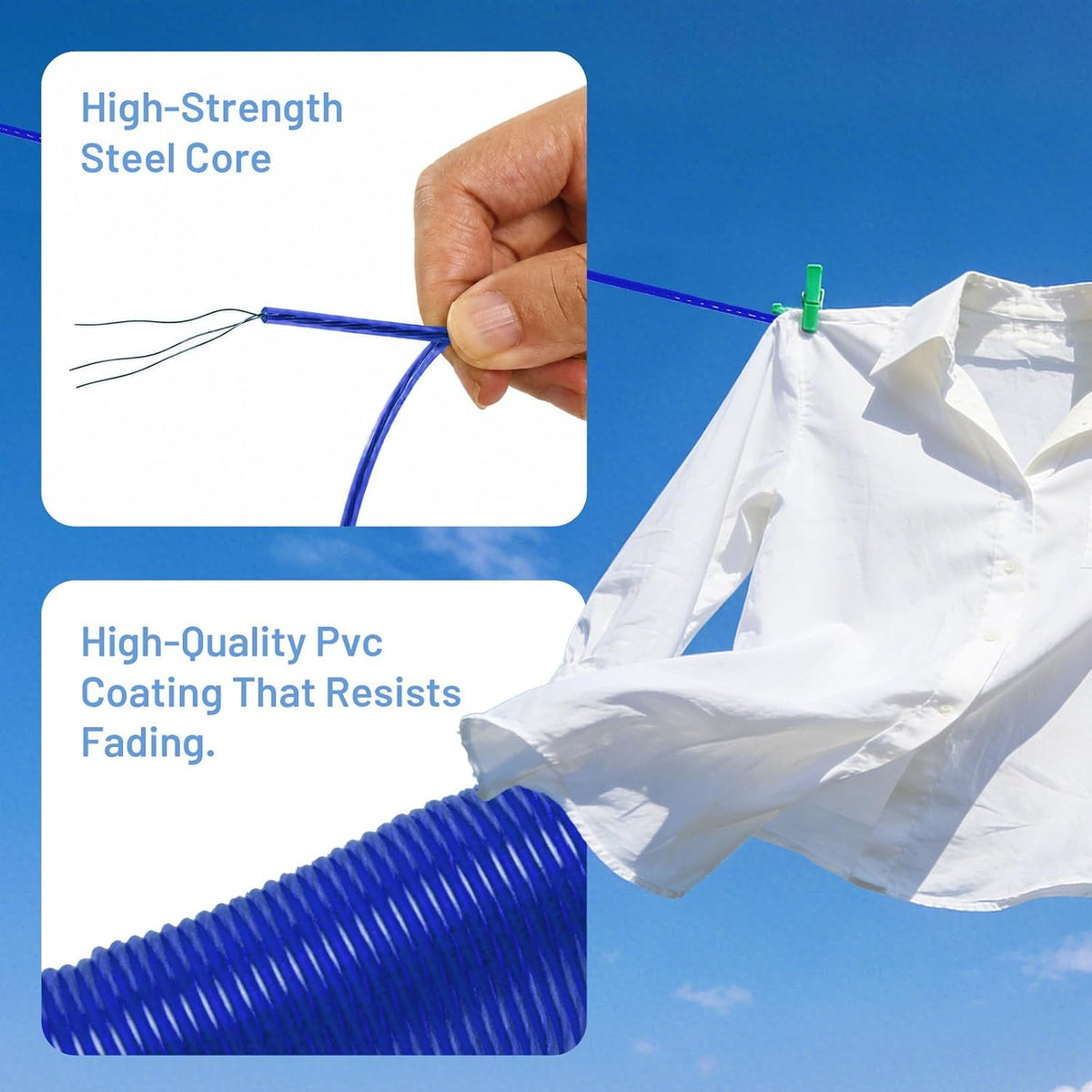 RIOOP Plastic Coated Clothesline, 3mm 164ft Steel Core Washing Line, Blue